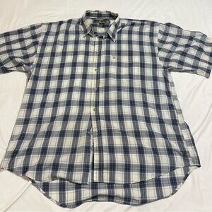 Men's Blue and White Plaid Button-Down Shirt